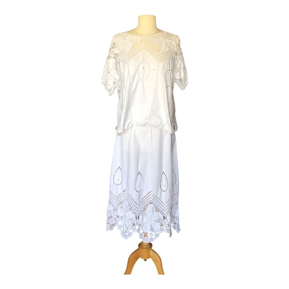 Miramar Women's White Cotton Crochet Lace Top Skirt Handmade 2 Piece Set Medium